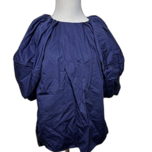 COS Womens Puff Sleeve Blouse Top Navy Blue 10 Medium Cotton Minimal Sustainable - Picture 3 of 5